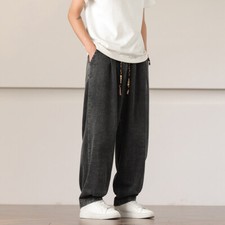 Men Casual Jeans Elastic Waist Denim Pants with Pocket Hip Hop Trouser Retro