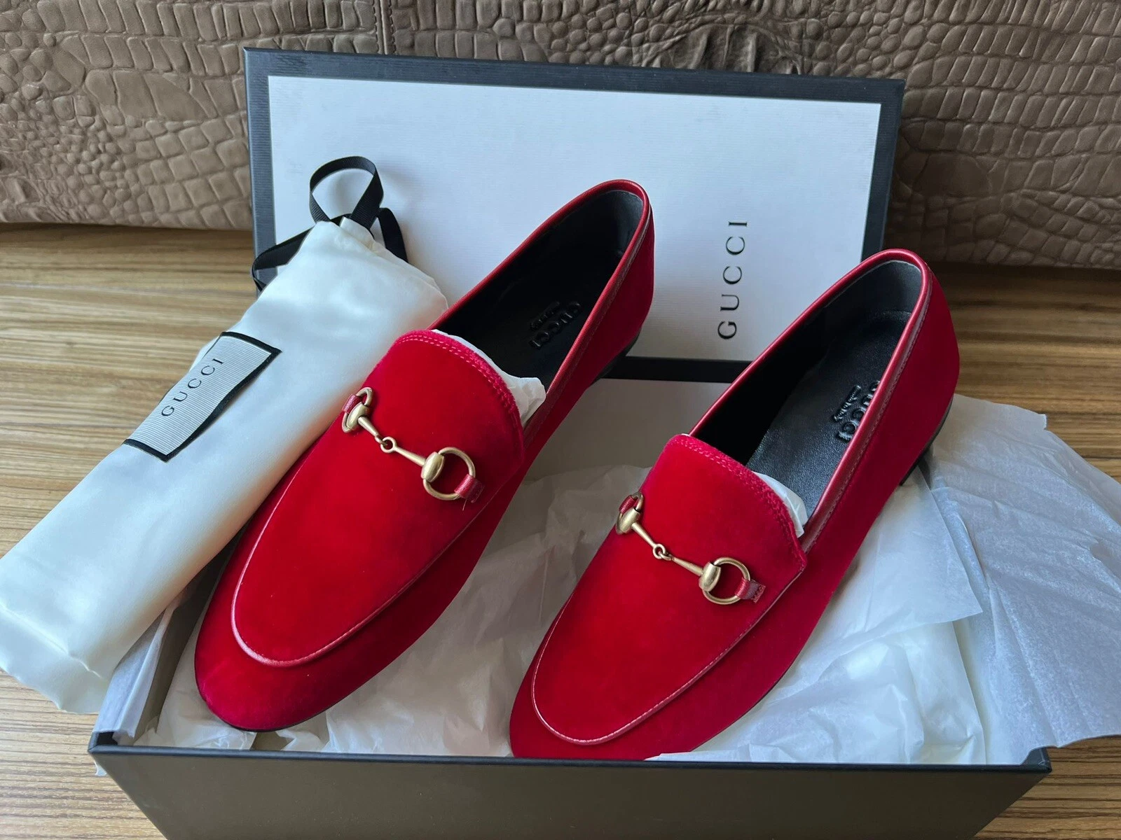 Mocassins velours originaux Gucci Malaga mocassins chaussures basses hibiscus rouge EU 38 emballage d'origine neuf
