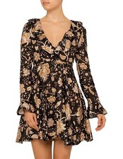Zimmermann Mini Dress Ruffle Trimmed Floral Paisley Chintz Brown Linen Size XS
