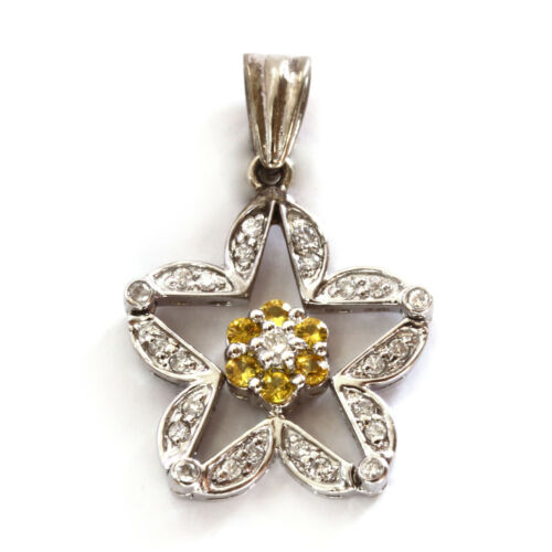 0.5 ctw Natural Yellow Sapphire Diamond Solid 14k White Gold Star Flower Pendant - Picture 1 of 4