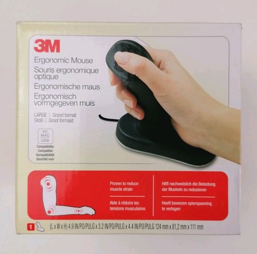 3M Ergonomic Mouse EM500GPL Large Vertical Grip USB Wired Black - Photo 2/7