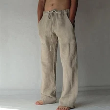 Casual Men's Cotton Linen Pants Drawstring Trousers Comfort Loose Wide Leg Pant