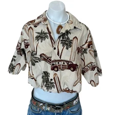 Hawaiian Shirt Button Down Crop Top One Size Boxy Woody Surf Board Unique