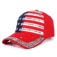 Natalie Mills Bling Patriotic Baseball Hat Rhinestones Women's Cap Flag Red