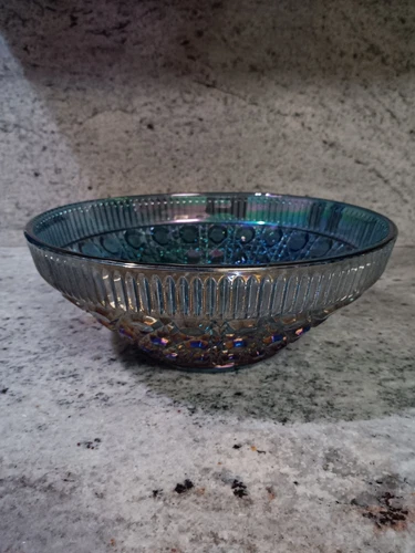 Vintage Carnival Glass Blue Iridescent Indiana Windsor Button Bowl  10-3/8"