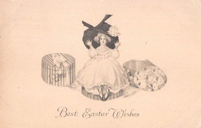 1915 Fantasy Easter PC of Tiny Lady Wearing a Huge Hat & Sitting on Huge Hatbox