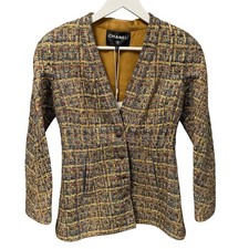 NWT Chanel 2019 Gold Blue Green Tweed Button Front Jacket Womens FR 36 / US 4