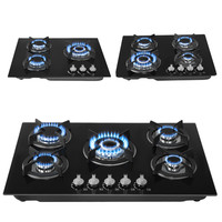 3/4/5 Burners Gas Hob Black Tempered Glass NG/LPG Convert With Iron Pan Support