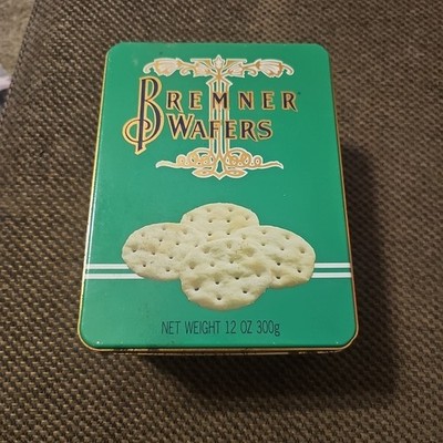 Vtg 1992 Bremner Wafers Decorative Green Metal Tin Box 12 Oz 300g  8x6x4.5''