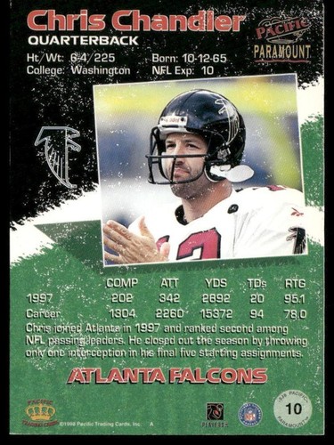 Chris Chandler 1998 Pacific Paramount #10 Silver Atlanta Falcons WASHINGTON - Bild 2 von 2