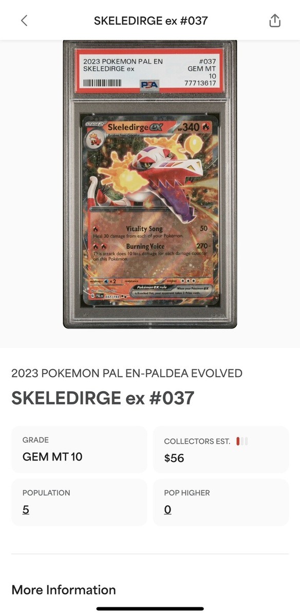 PSA 10 Pokemon PAL EN Paldea Evolved - Skeledirge ex #037 Double