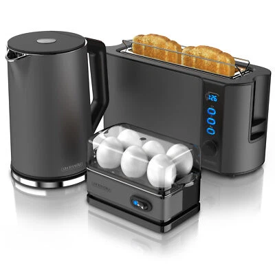 Arendo Set Toaster 2 Scheiben Wasserkocher 1,5L Eierkocher 1-6 Eier 400W Grau
