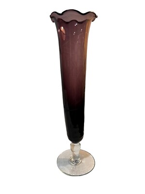 Vintage Amethyst Purple Etched Blown Art Glass Footed Ruffled Edge Bud Vase 10''