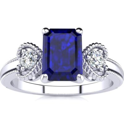 Herzring 10 Karat Weißgold 1,15 Karat Saphir und zwei Diamanten