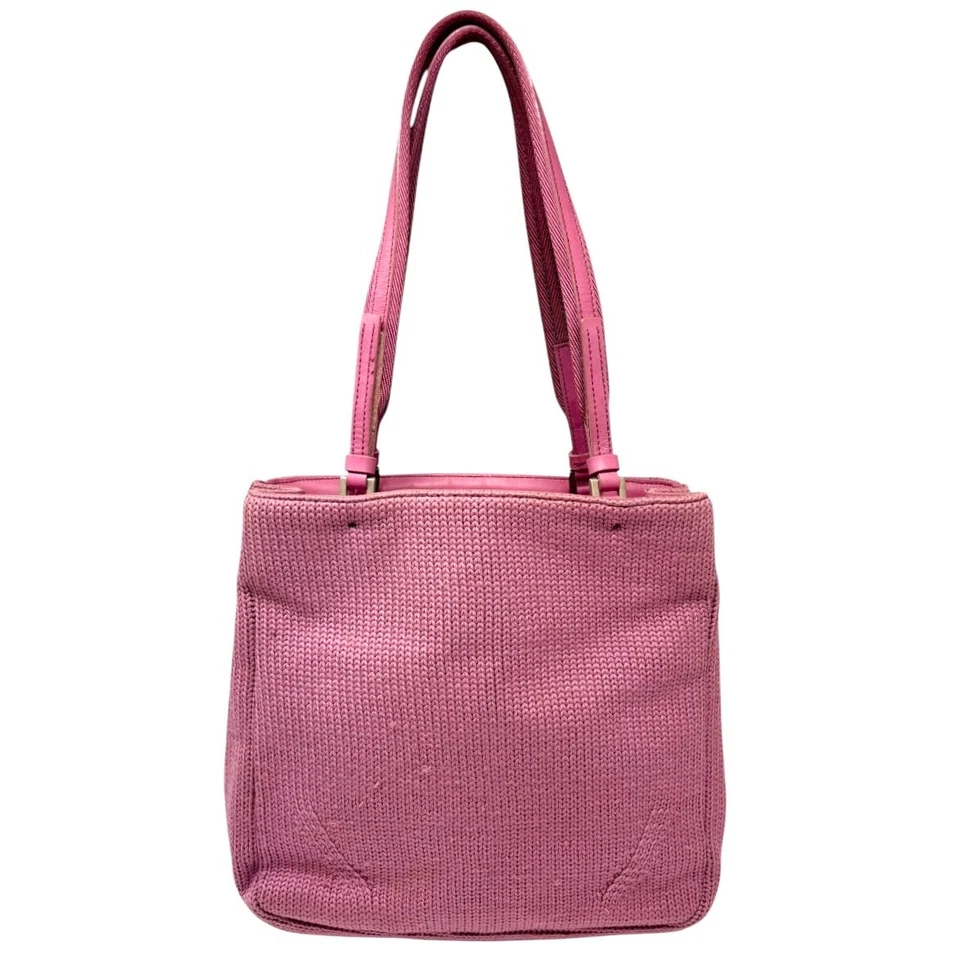 PRADA Vintage Logo Knit Tote Bag Shoulder Bag Pink Silver Wool Leather - Image 4 of 4