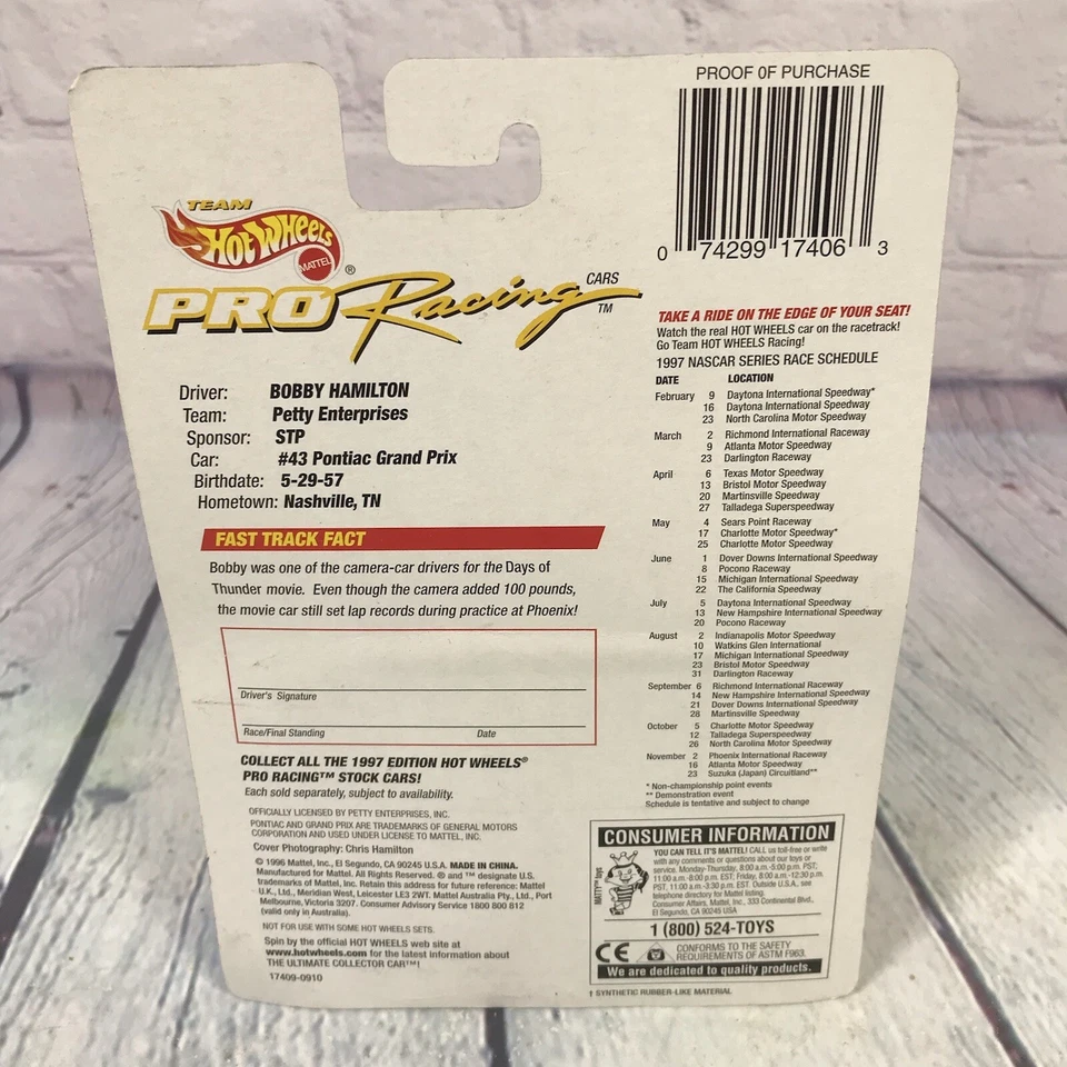 Coche Nascar Hot Wheels Pro Racing Bobby Hamilton 1997 #43 STP 1:64 sellado Foto 4 de 4