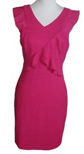 Guess Hot Pink Sheath Dress Size 10 Ruffle Front Laser Cut Barbie Stretch Modern