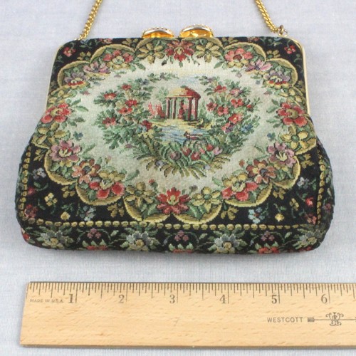 VTG French Pettipoint Tapestry Floral Clutch Purse Chain Porcelain clasp 6x6inch - Picture 12 of 13
