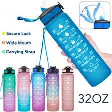 32oz Motivational Drinking Water Bottle with Time Marker Straw Fitness Sports