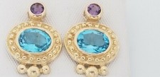 Amethyst Topaz Earring Vintge Antique Design 14k Yellow Gold Large Oval Stone