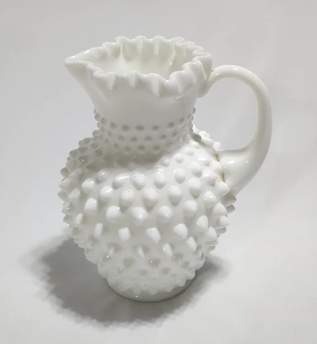 Vintage Fenton Milk Glass Hobnail Pitcher 6" Crimped Ruffled