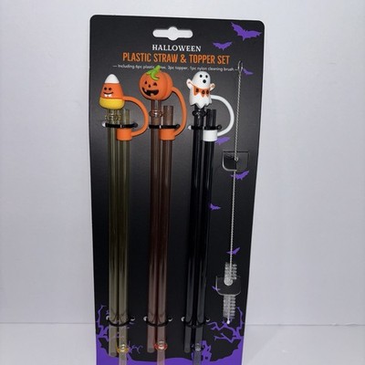 Halloween Plastic Straw & Topper Set 6 Straws 3 Toppers 1 Brush