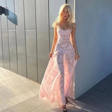  Style Summer Pink Lace Sheer Halter One-Shoulder Elegant Evening Dress Flower D