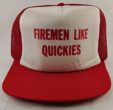 Vintage 80s Novelty Trucker Hat "Firemen Like Quickies" Snapback USA MED/LRG