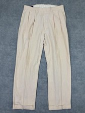 Polo Ralph Lauren Pants Mens 36x27 Beige Linen Pleated Dress Cuffed Classic