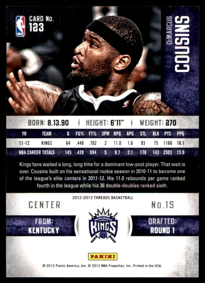 DeMarcus Cousins 2012-13 Panini Threads #123 Kings NBA READ FREE SHIPPING - Image 2 of 2
