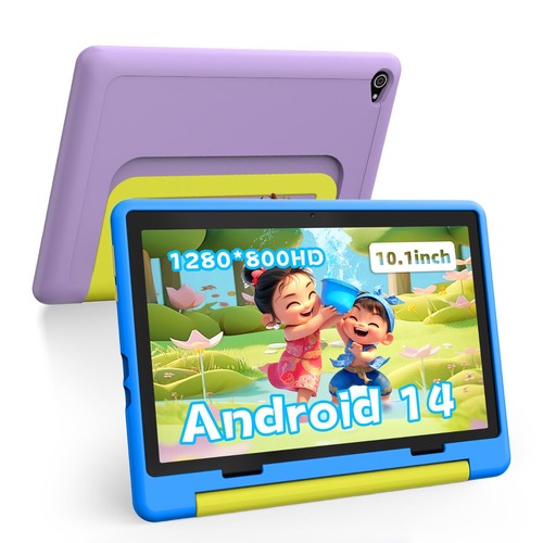 2025 Kids Tablet 10 inch Android 14 Tablets 8+64GB with Shockproof Blue & Purple