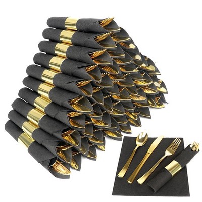 Dlebay 60 Pack Pre Rolled Gold Plastic Silverware Setwrapped Plastic Cutlery