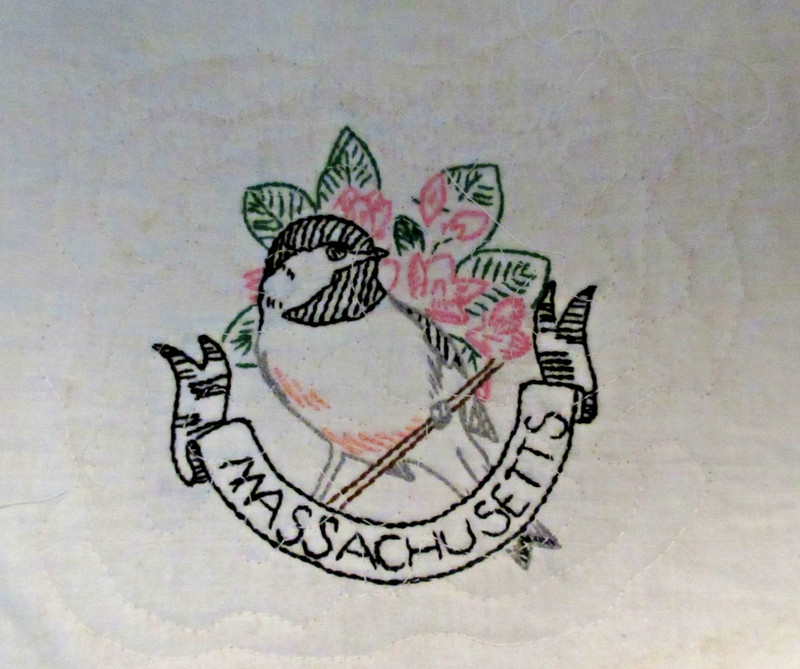 VTG MASSACHUSETTS STATE QUILT/DIY BLOCK (8.5"X7") Flower-Bird Hand Emb.w Backing
