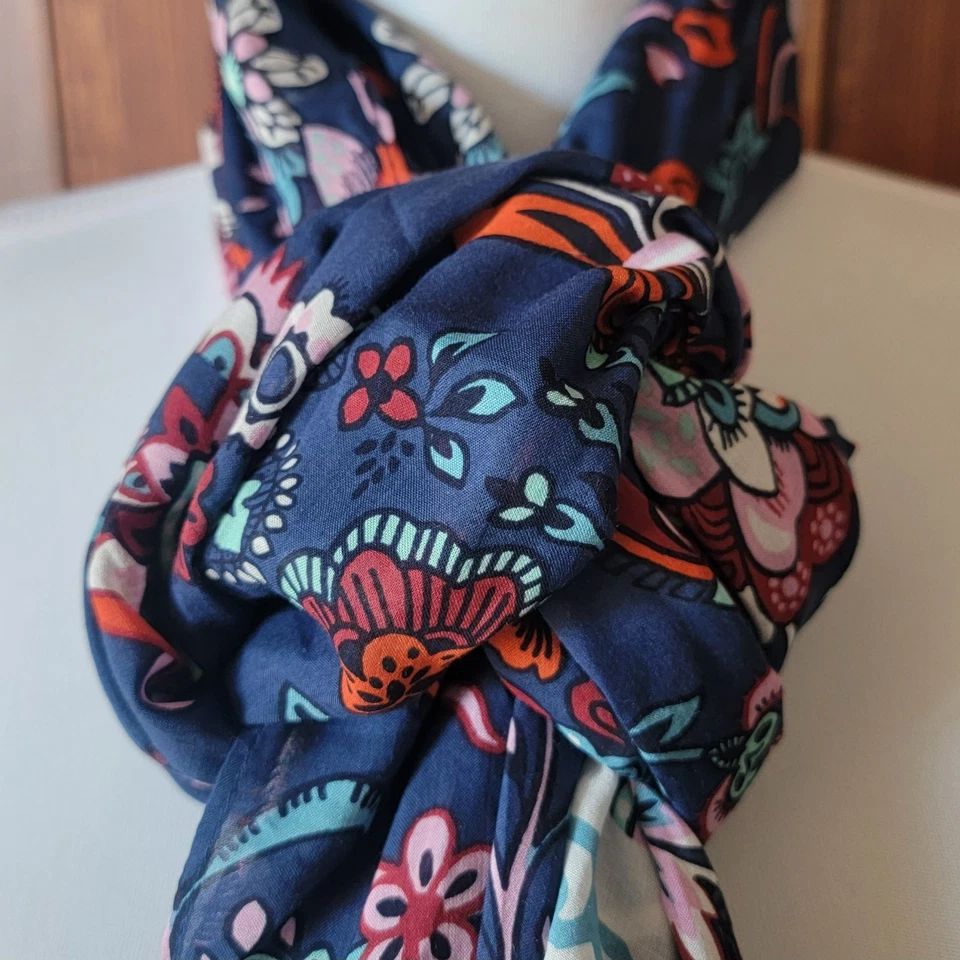 NWT Talbots Blue Floral Scarf 100% Modal Pink Aqua Orange Vibrant Print Fringe - Image 4 of 4