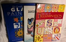 3 Art Books: Doodling Borders Wood Burning Illumination Glass Painting Patterns