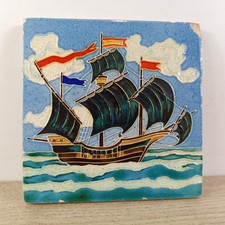 Vintage Westraven Utrecht Holland Pottery Tile Sailing Ship Dutch Painted Tile 