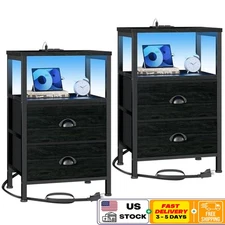 Nightstands Set of 2 W/ LED Lights Charging Station & 2 Fabric Drawers New