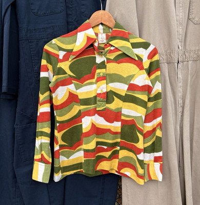 1970s Women s Baby Club Psychedelic Disco Hippie Collared Shirt