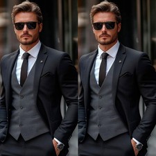 Regular Fit Men's Black Suit Evening 3Pcs Grey Vest Wedding Office Tuxedo Jacket