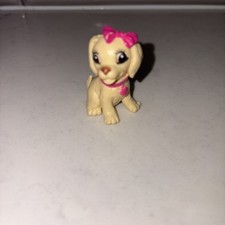 Vintage Barbie Doll Pet Dog w/ Pink Bow  Collar Mini Figure Cream Female Animal