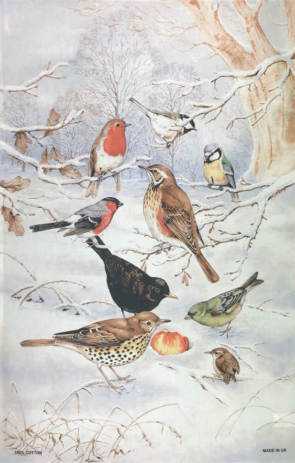 Winter birds cotton tea towel Samuel Lamont Christmas tea towel blackbird robin