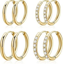 Huggie Gold Hoop Earrings - Small Hoop Earrings for Women 4 Pairs 14K Gold Pl...