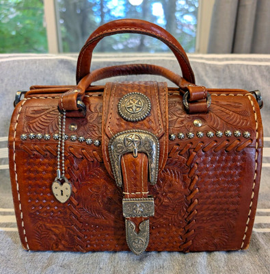 American West Brown Tooled Leather Satchel Doctor Style  Silver Studs
