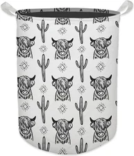 Western Laundry Basket, Retro Highland Cow Cactus Collapsible Beige 
