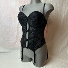 Y2K Victoria's Secret Corset Bustier Black Floral Lace Sheer Bows Sz 36C Boned