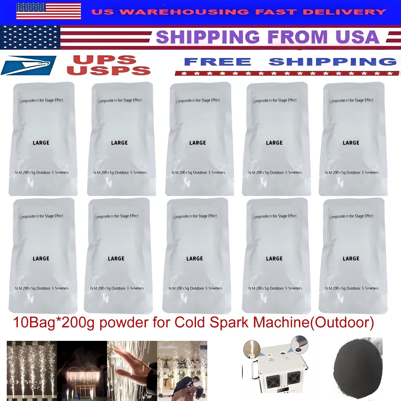 10/6/2 bags*200g Cold Spark Machine Ti Powder,Outdoor 3-5M,for Stage(200g/Bag)