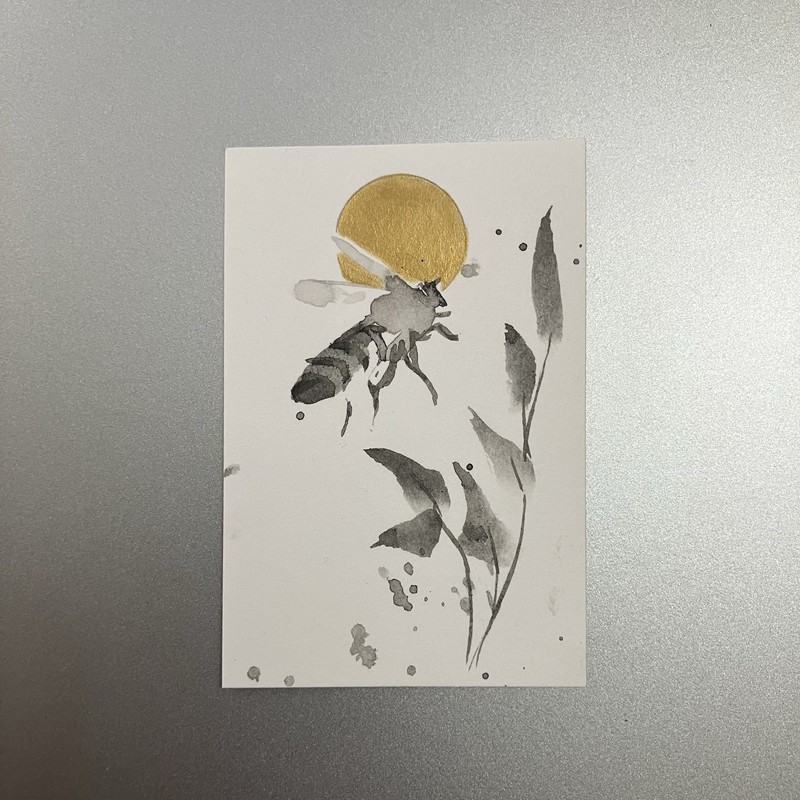 ORIGINAL Bumblebee Painting Bee Art realism Miniature Sumi-e Gold Ink Artwork US