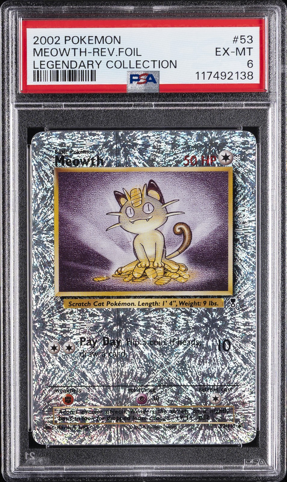 2002 POKEMON LEGENDARY COLLECTION #53 MEOWTH-REVERSE FOIL PSA 6