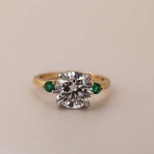 Three Stone Engagement Ring Round Brilliant Cut Moissanite Two Tone Wedding Ring - Picture 4 of 7
