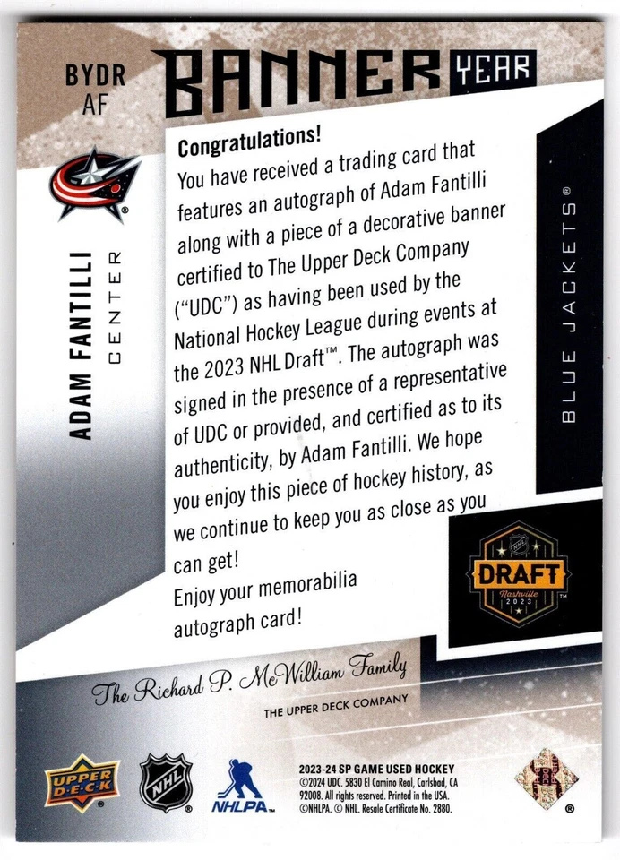 2023-24 Upper Deck SP Game Used Banner Year Auto ADAM FANTILLI BYDR AF /15 UD RC - Image 2 of 2